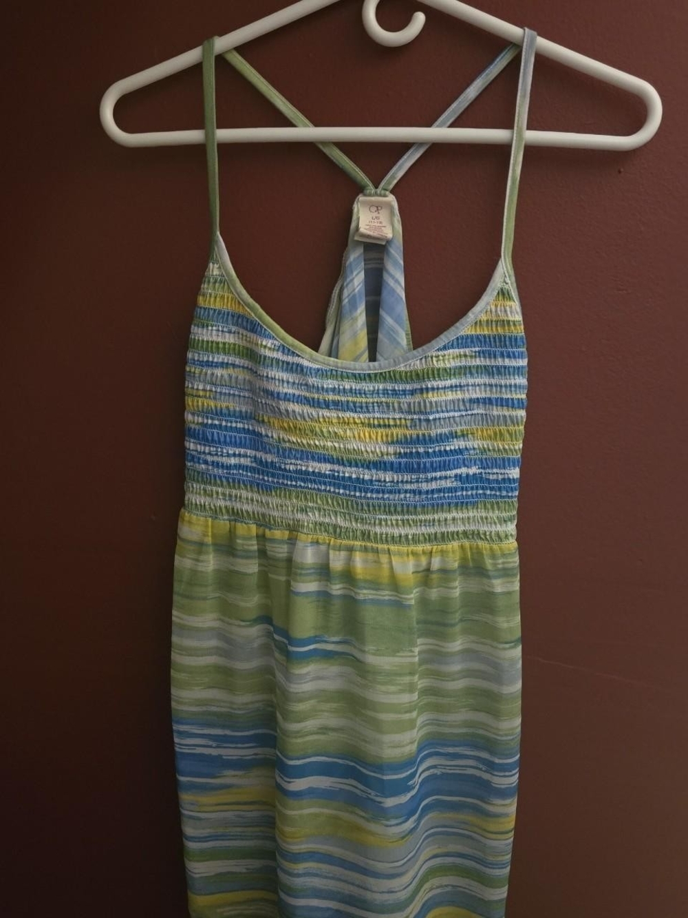 OP Green & Blue Striped Smocked Tank Top Dress